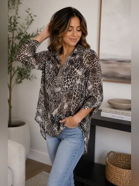 Jennifer Lopez Animal Print Rhinestone Roll Tab Blouse Large